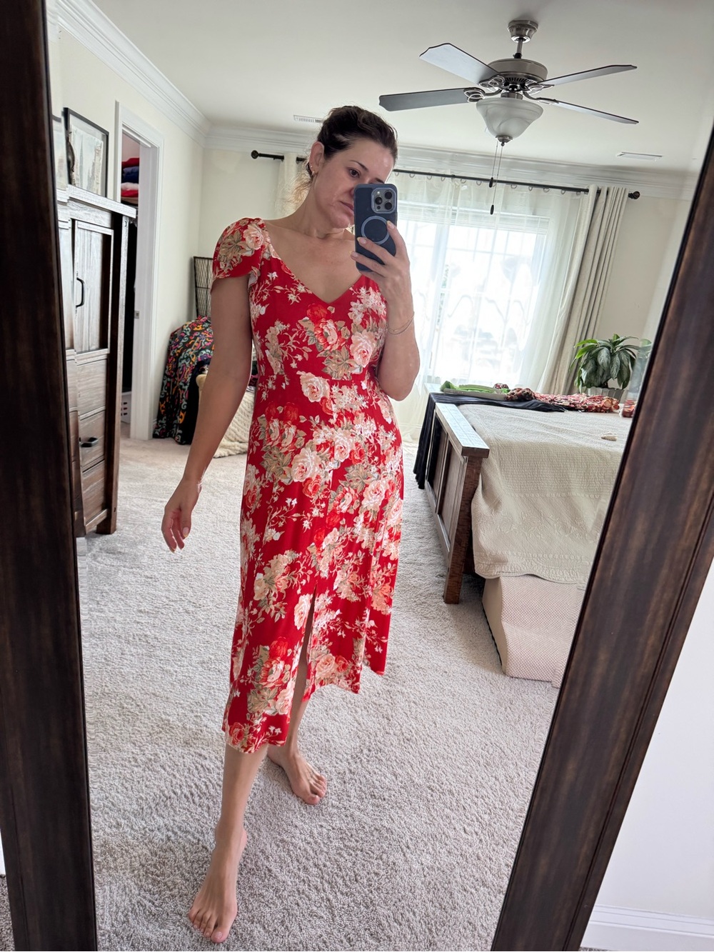 Sézane Red Floral Midi Dress with V-Neck